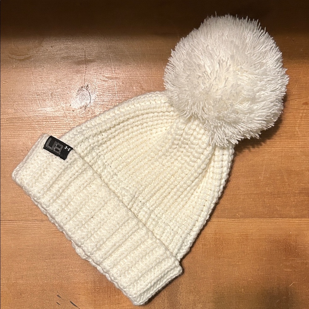 Under Armour white/cream knit winter beanie hat with pom pom ball